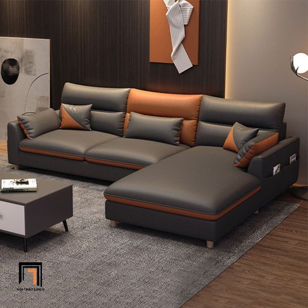 ghế sofa góc chữ l 2m4 x 1m6, bộ ghế sofa gia đình phối màu da giả xinh xắn