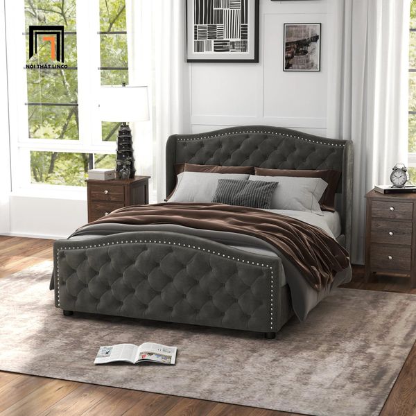 giường, giường ngủ vải nỉ xám, giường ngủ phong cách Âu Mỹ, giường ngủ 1m6 x 2m, giường giật nút