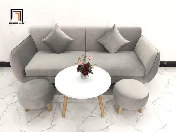 bộ ghế sofa băng phòng khách giá rẻ, ghế sofa văng màu xám trắng vải nhung dài 1m9