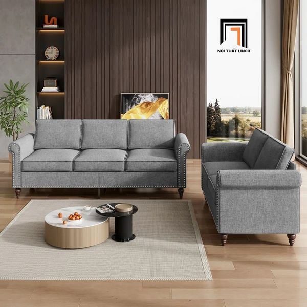 bộ ghế sofa phòng khách gia đình, set ghế sofa phong cách Âu Mỹ đính nút đồng