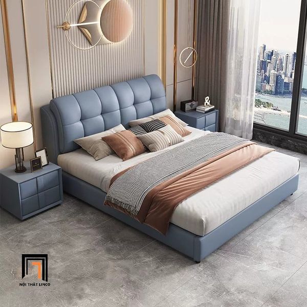 giường ngủ da giả màu xám trắng, giường ngủ bọc đệm 1m6 x 2m, giường ngủ cho căn hộ cao cấp, giường