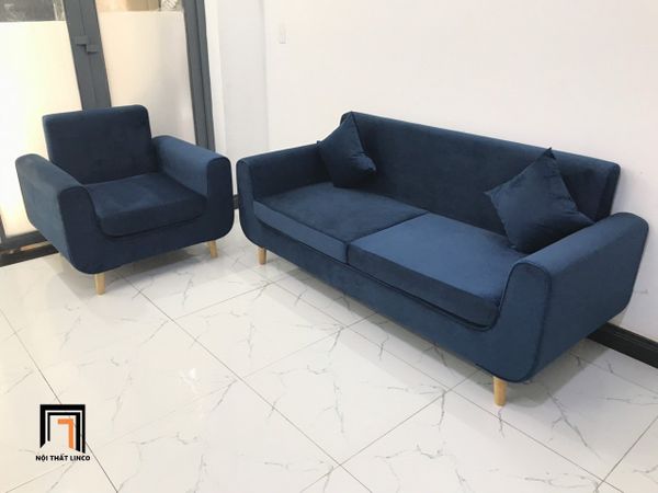 bộ ghế sofa văng phòng khách giá rẻ, combo 2 ghế sofa màu xanh đậm vải nhung