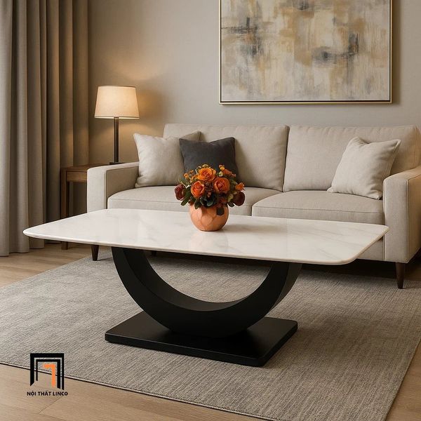 bàn trà phòng khách mặt đá 1m khung chân sắt cong, bàn sofa gia đình xinh xắn