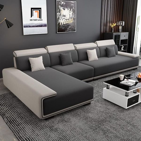 sofa góc L phối màu vải đen trắng, bộ ghế sofa góc 3m2 x 1m8 phòng khách hiện đại