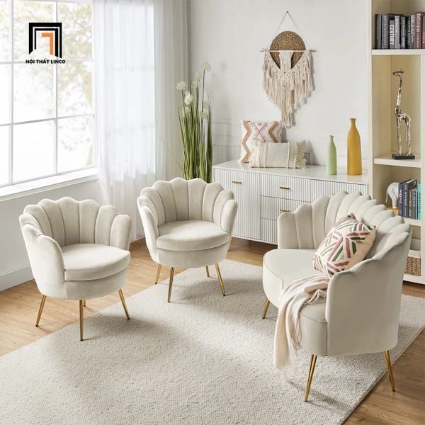 bộ ghế sofa phòng khách xinh xắn, set ghế sofa màu trắng kem vải nhung mềm