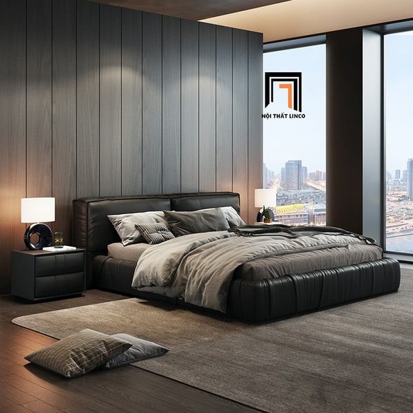 giường ngủ bọc da pu bóng đen, giường ngủ 1m6 x 2m sang trọng, giường ngủ cao cấp