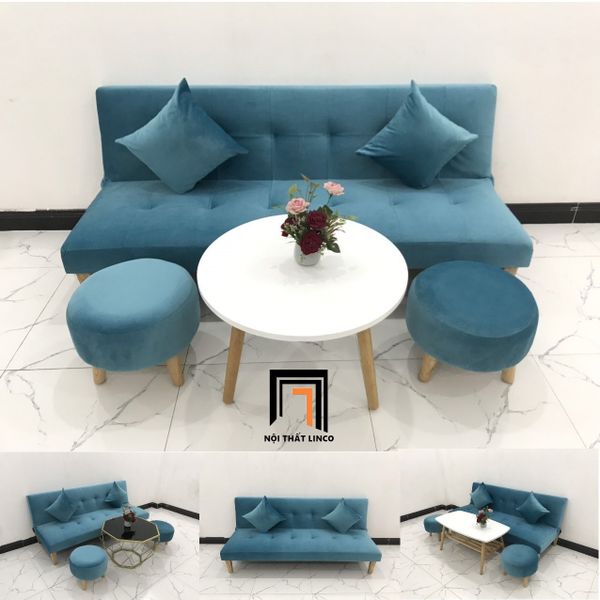 sofa giường, sofa bed, ghế sofa giường nằm, sofa giường dài 1m72, sofa giường vải nhung màu xanh dương