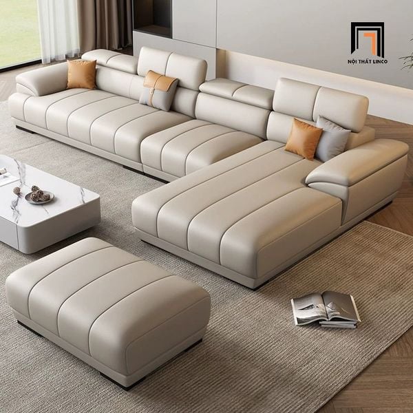 bộ ghế sofa góc L da giả xám trắng, sofa góc 3m x 1m6 phòng khách cao cấp