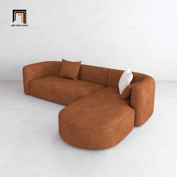 bộ ghế sofa góc L kiểu cong bọc da màu nâu, sofa góc 2m2 x 1m6 xinh xắn cho gia đình