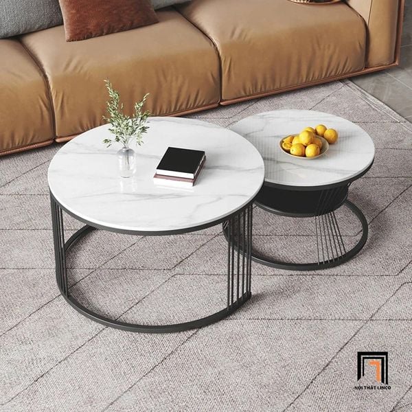 cặp 2 bàn trà mặt đá tròn xinh xắn, cặp bàn trà trang trí sảnh chờ shop tiệm