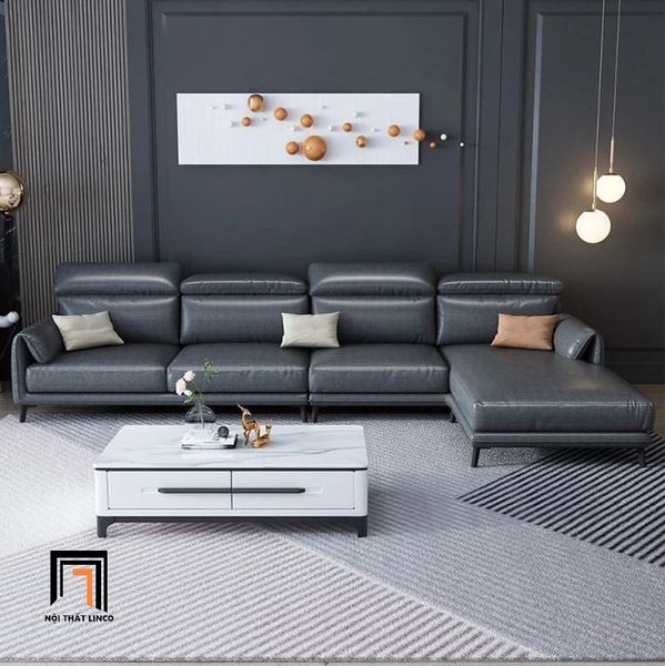 bộ ghế sofa góc L cho phòng khách, sofa chữ L da giả xám đậm 3m x 1m6