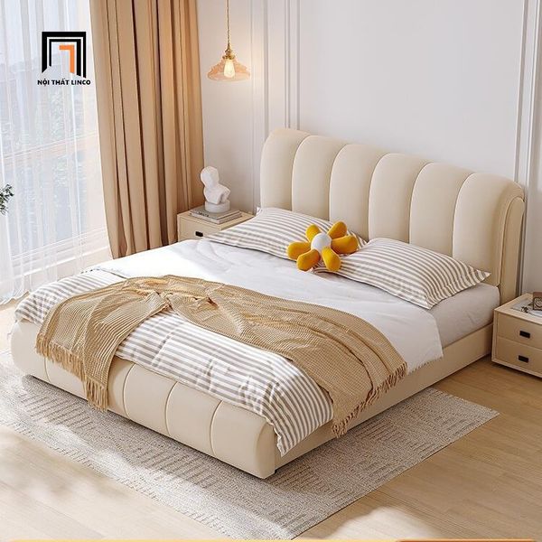 giường, giường ngủ, giường ngủ bọc da màu be xinh xắn, giường ngủ kiểu dáng sang trọng, giường 1m6 x 2m