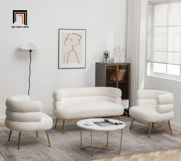 bộ ghế sofa vải lông cừu, set ghế sofa xinh cho shop tiệm trang trí