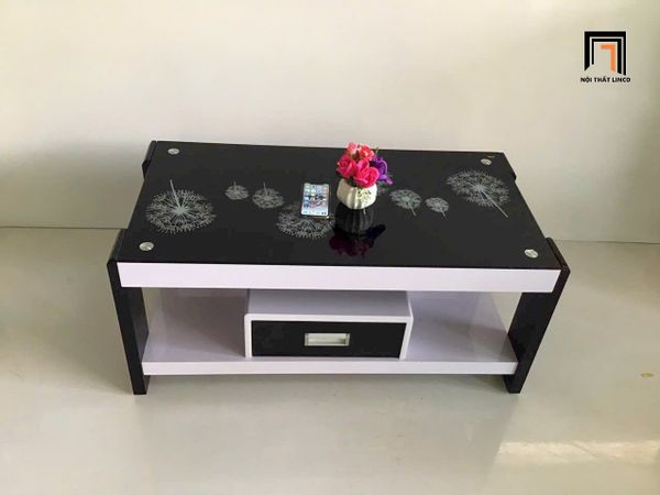 bàn sofa mặt kính in hoa giá rẻ 1m x 50, bàn trà phòng khách có hộc kéo để đồ nhỏ