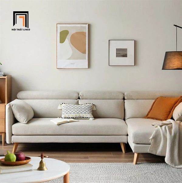bộ ghế sofa góc L vải nỉ trắng kem, set ghế sofa góc phòng khách 3m x 1m6 kê đầu gật gù