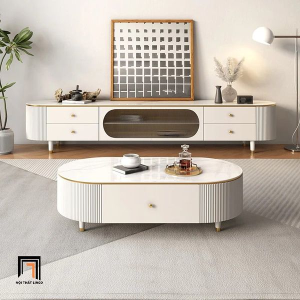 bàn trà hộc kéo trắng kiểu dáng hiện đại, bàn sofa mặt đá cho gia đình