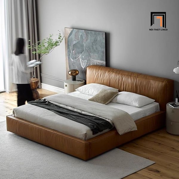 giường ngủ da pu màu nâu, giường ngủ cao cấp 1m6 x 2m, giường ngủ sang trọng, giường