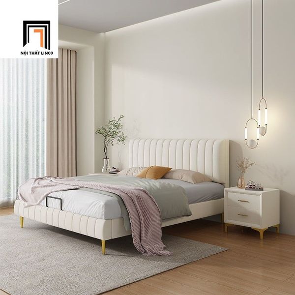 giường ngủ, giường bọc da giả xám trắng, giường ngủ 1m6 x 2m, giường ngủ kiểu dáng sang trọng