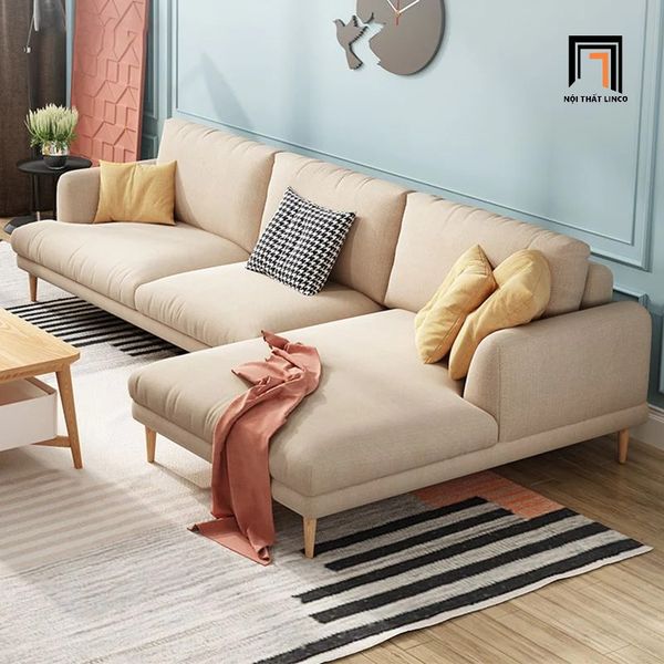 bộ ghế sofa góc L 2m4 x 1m6 màu kem vải nỉ nhung, bộ sofa phòng khách gia đình giá rẻ
