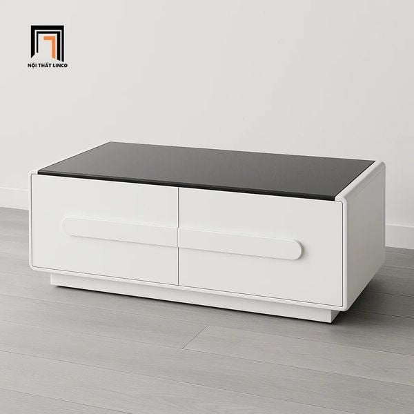 Bàn trà hình hộp chữ nhật 1m, bàn sofa mặt kính đen khung ván gỗ trắng