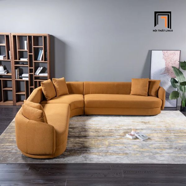 bộ ghế sofa góc cong vải nhung màu cam 2m4 x 2m4, sofa góc phòng khách sang trọng
