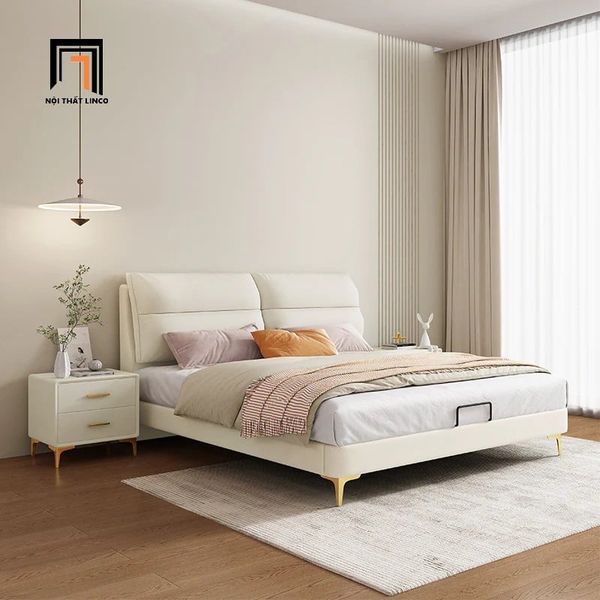 giường ngủ, giường, giường ngủ bọc nỉ màu kem, giường ngủ cao cấp, giường ngủ gia đình xinh xắn