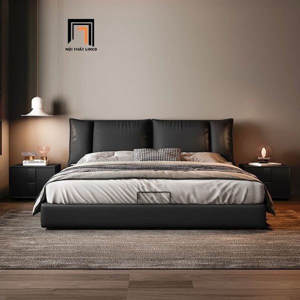 giường ngủ, giường, giường ngủ da pvc màu đen mờ, giường ngủ sang trọng, giường 1m6 x 2m