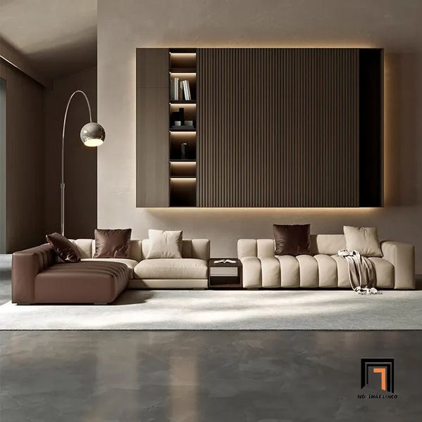 bộ ghế sofa góc L phối màu da giả, set ghế sofa góc phòng khách trẻ trung hiện đại 3m4 x 2m2