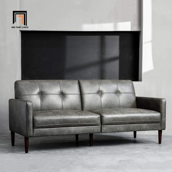 sofa giường nằm bọc da xám đậm, sofa bed bật giường thông minh cho văn phòng làm việc