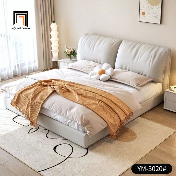 giường ngủ cao cấp, giường ngủ da giả màu xám trắng, giường, giường ngủ 1m6 x 2m sang trọng