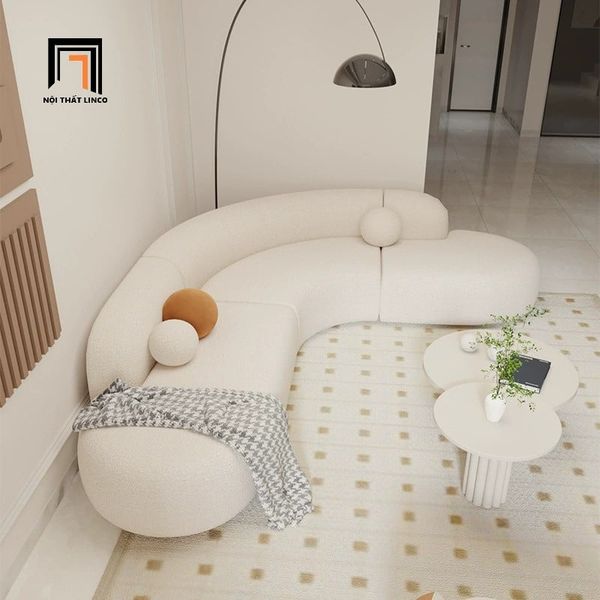 bộ ghế sofa góc L cong 2m5 x 2m1, sofa góc xinh xắn vải lông cừu màu trắng