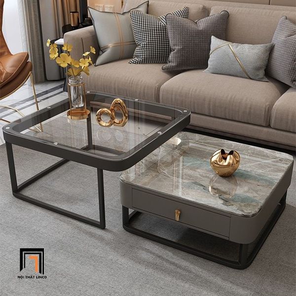 cặp bàn sofa phòng khách mặt đá vuông sang trọng, cặp 2 bàn sofa gia đình khung chân sắt