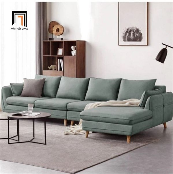 sofa góc L bọc da màu xanh mint, ghế sofa góc gia đình 3m x 1m6 phòng khách đẹp