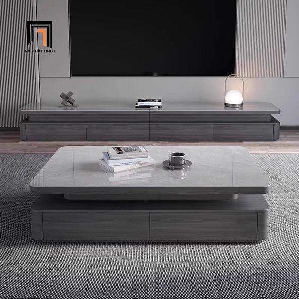 bàn sofa phòng khách ván gỗ xám, bàn sofa mặt đá 1m1 x 60 kiểu dáng hiện đại