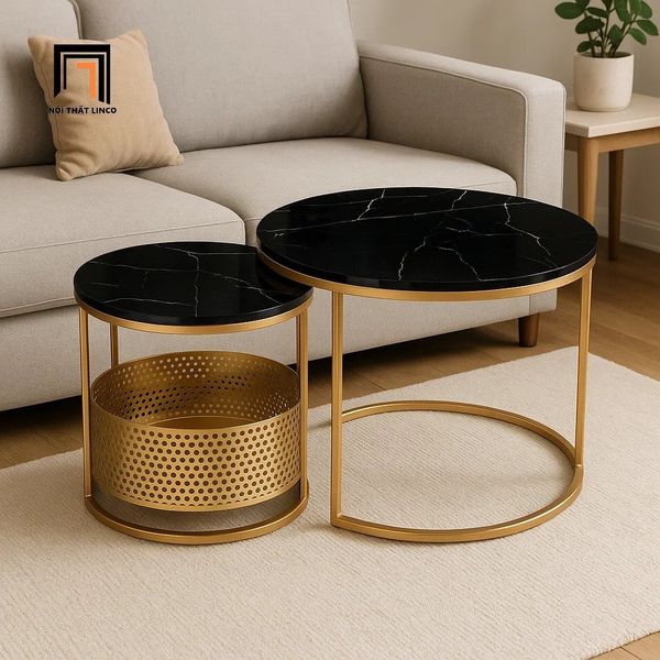 cặp bàn trà phòng khách mặt đá đen khung chân sắt vàng, cặp 2 bàn sofa giá rẻ