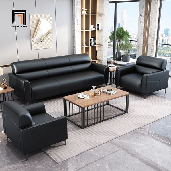 bộ ghế sofa da giả màu đen mờ, set ghế sofa văn phòng làm việc cao cấp