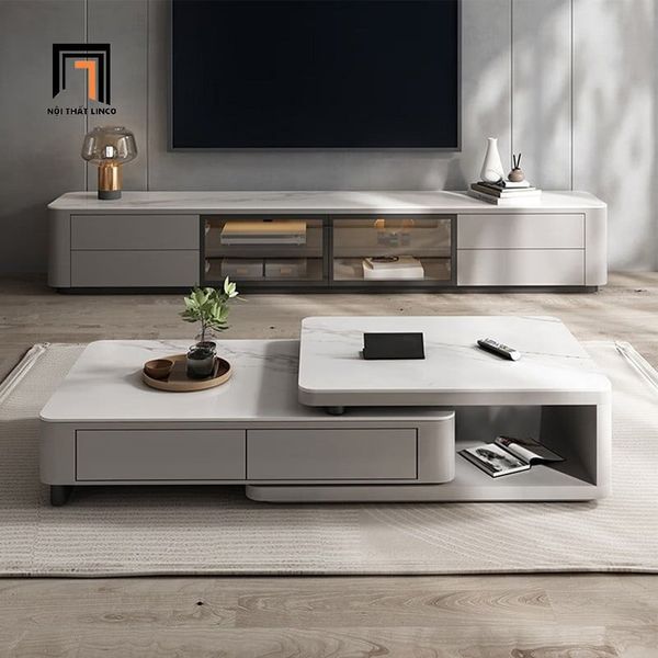 cặp bàn sofa mặt đá vuông hiện đại, cặp bàn sofa phòng khách đa năng kéo dài