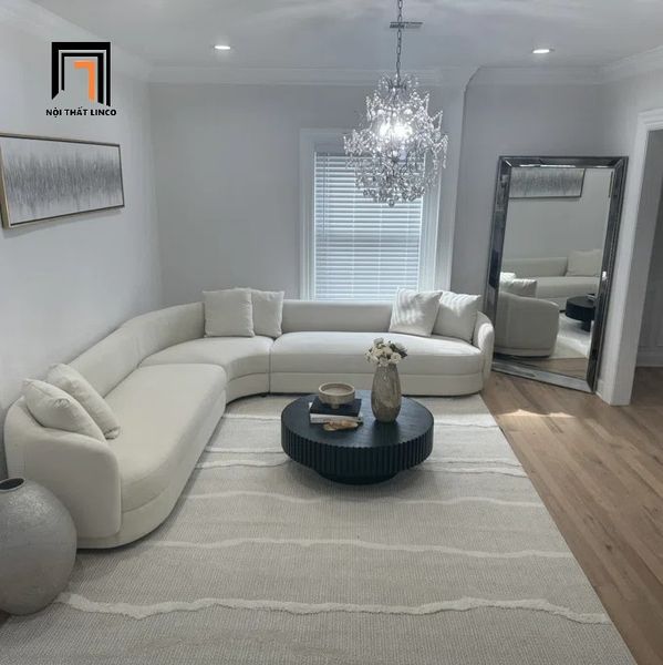 bộ ghế sofa góc cong vải nhung màu cam 2m4 x 2m4, sofa góc phòng khách sang trọng