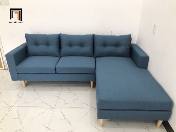 ghế sofa góc chữ L 2m2 x 1m6 giá rẻ, sofa góc màu xanh dương vải bố, sofa góc cho nhà nhỏ