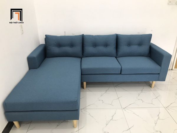 ghế sofa góc chữ L 2m2 x 1m6 giá rẻ, sofa góc màu xanh dương vải bố, sofa góc cho nhà nhỏ