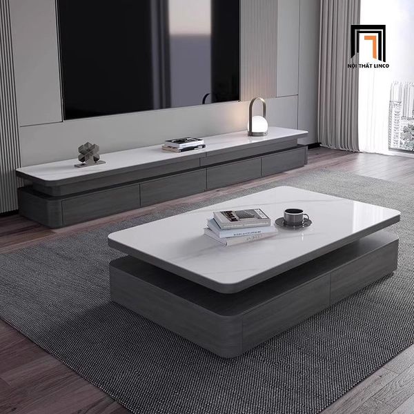 bàn sofa phòng khách ván gỗ xám, bàn sofa mặt đá 1m1 x 60 kiểu dáng hiện đại