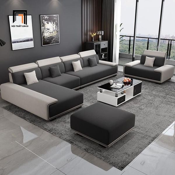 sofa góc L phối màu vải đen trắng, bộ ghế sofa góc 3m2 x 1m8 phòng khách hiện đại