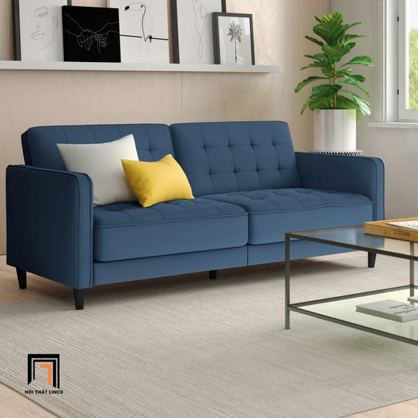 ghế sofa băng giường gấp gọn 1m9, sofa giường thông minh màu xanh dương vải bố