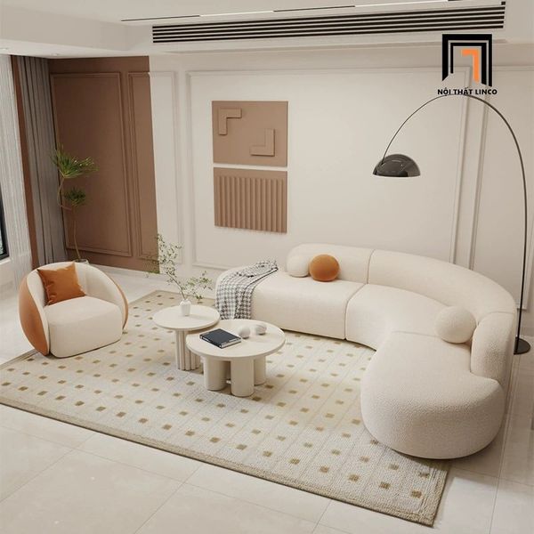 bộ ghế sofa góc L cong 2m5 x 2m1, sofa góc xinh xắn vải lông cừu màu trắng