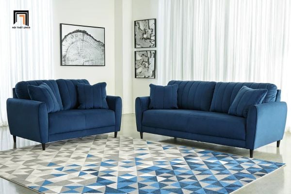 bộ ghế sofa gia đình giá rẻ xanh dương vải nhung, set ghế sofa phòng khách xinh xắn