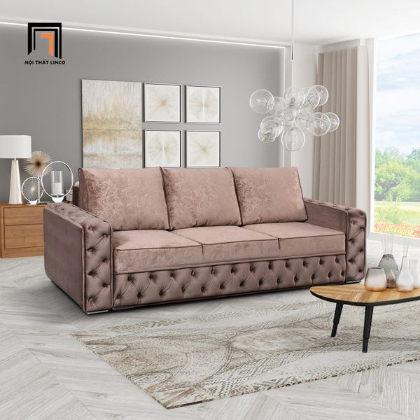 ghế sofa băng dài 2m2, sofa văng giật nút vải nhung sang trọng, sofa băng phòng khách cao cấp