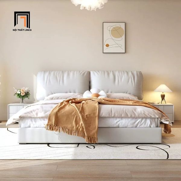 giường ngủ cao cấp, giường ngủ da giả màu xám trắng, giường, giường ngủ 1m6 x 2m sang trọng