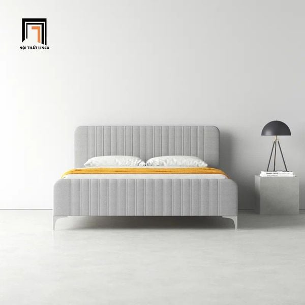giường, giường ngủ 1m6 x 2m, giường ngủ bọc vải xám giá rẻ, giường ngủ chân inox bạc xinh xắn