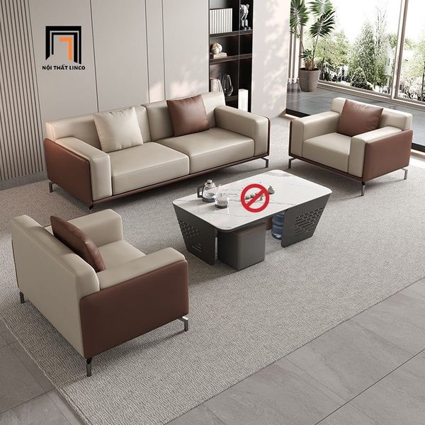 bộ ghế sofa phòng khách đặt tại sảnh chờ, set ghế sofa kiểu dáng hiện đại bọc da giả