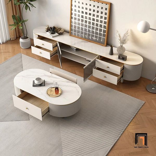 bàn trà hộc kéo trắng kiểu dáng hiện đại, bàn sofa mặt đá cho gia đình